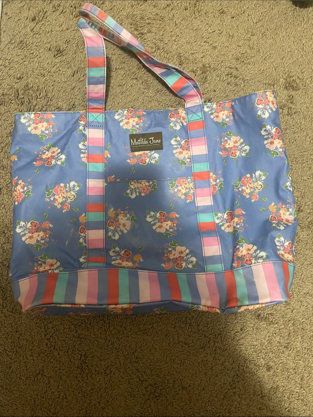 Matilda Jane Blue Floral Tote with Pastel Striped Trim